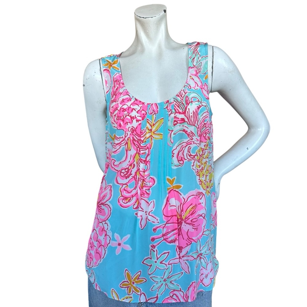 Lilly Pulitzer Dahlia 100% Silk Sheer Tank Top in Breakwater Lolita Size Medium